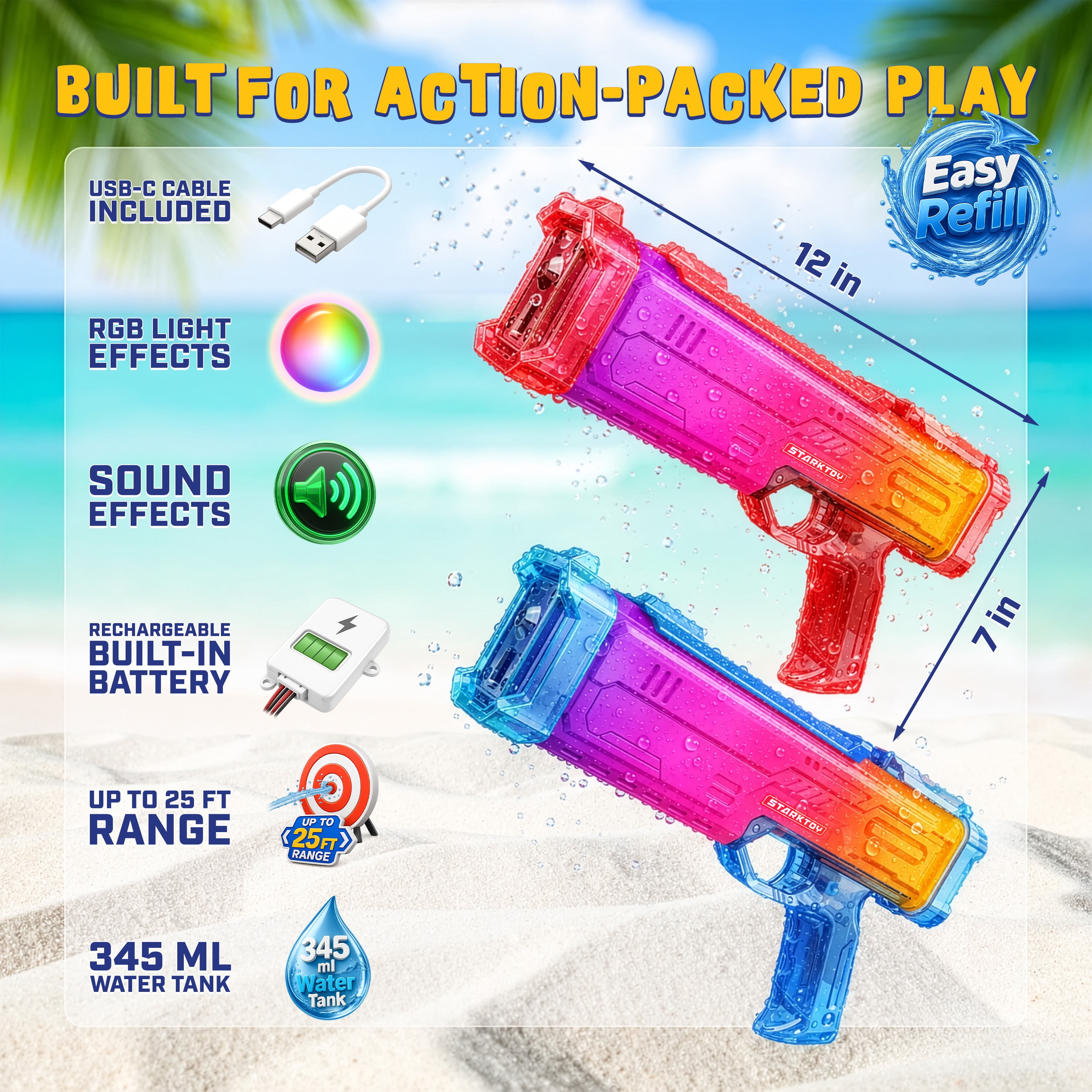 STARKTOY Electric Water Blasters 2 Pack Light Up Full Body Color Changing LED Squirt Guns, Automatic Rechargeable Water Guns for Kids & Adults, Long Range Soaker Set Red and Blue