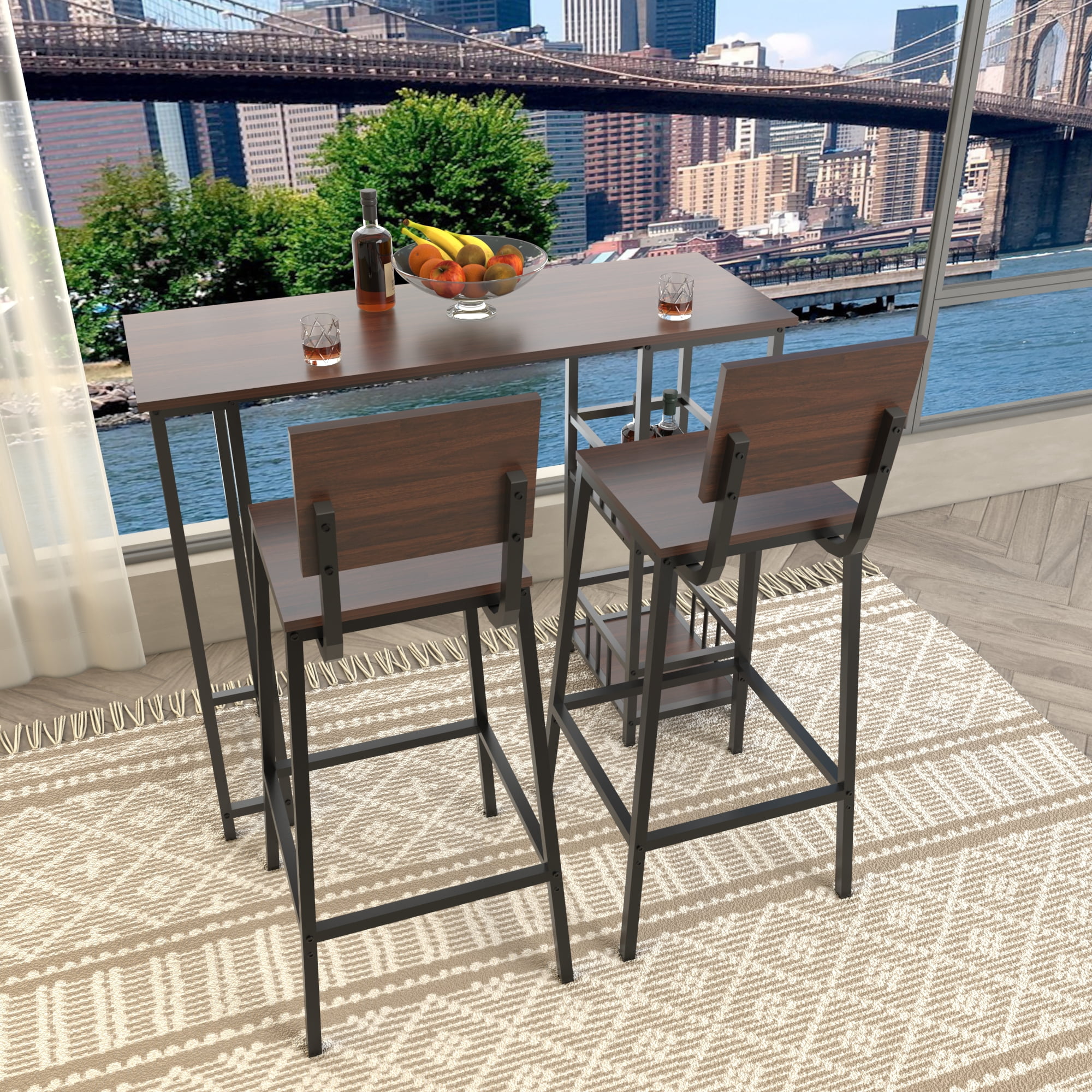 GARITIN 3 Piece Counter Height Bar Table Set with 2 Bar Stools, Rectangular Pub Table with 2 Tier Side Storage Shelves for Balcony, Walnut Brown