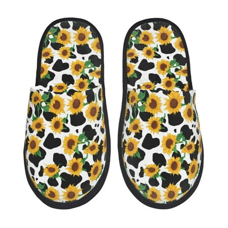 Balery Cute Cow Print Sunflower C Slient Indoor Furry Fleece Comfort House Shoes Soft Non-Slip Home Shoes Cotton slippers House Slippers-- Medium