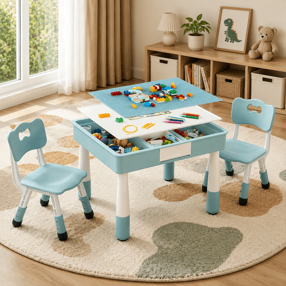 4 in 1 Kids Table and 2 Chairs Set, Toddler Table and Chair Set for Kids Ages 3-10, Activity Tables for Building Blocks/Drawing/Reading/Dining,Gift for Boy & Girl (Grayish Blue)