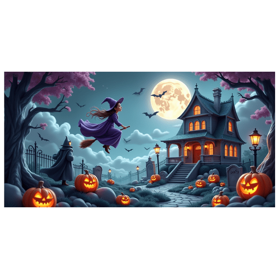 Spooky Gothic Haunted House Banner Halloween Witch Graveyard Pumpkins Bats for Halloween Party Event Decoration