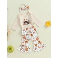 thumbnail image 3 of Suealasg 3Pcs Baby Girl Halloween Outfits Long Sleeve Boo Romper + Pumpkin Print Flare Pants+ Headband Set 3 6 12 18 Months Infant Newborn Girls Halloween Clothes, 3 of 7