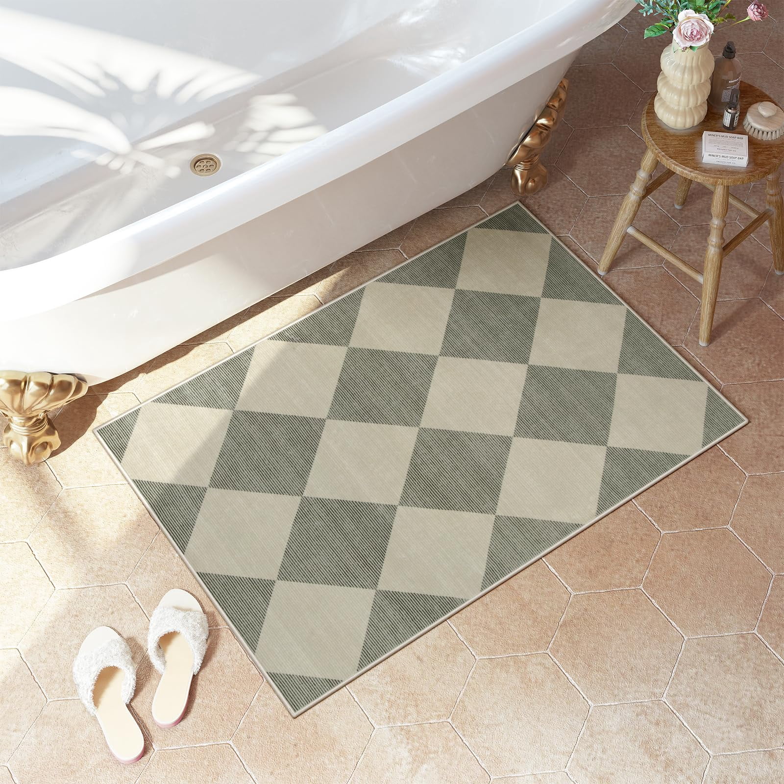 Lahome Decor 2'x3' Modern Washable Rugs for Bedroom, 2x3ft Non-Slip Door Mat Indoor Entrance, Farmhouse Checkered Rug,Soft Low Pile Carpet Throw Rugs for Entryway Laundry Bedroom,Green