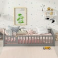 thumbnail image 2 of Twin Size Floor Bed, Solid Pine Wood Platform Bed Frame with Fence Guardrails & Door & Slats System, Multifunctional Floor Playpen Bed, Gray, 2 of 8