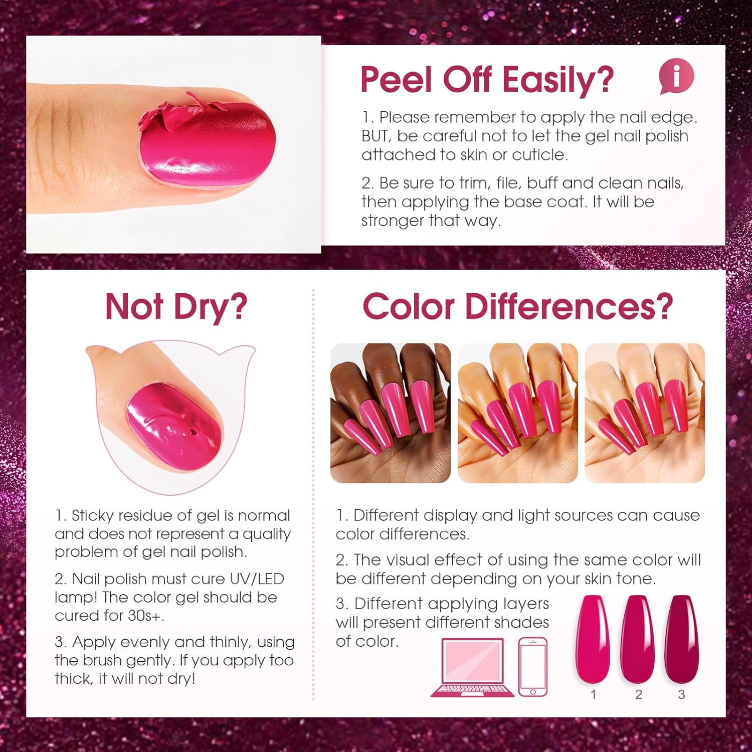 Wiher Glitter Gel Polish Set, 24 Pcs Glitter Hot Pink Glitter Blue Purple Gel Nail Polish with Base & Top Coat, Soak off Need U V/LED Macaron Rainbow Colors Nail Art Gift