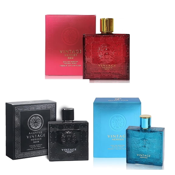 Verse Vintage Heroes Cologne For Men, Fresh, Romantic, Fruity Scent Woody, Aquatic Notes of Apple, Water Lotus, Cedarwood, and Musk, 3 Pieces