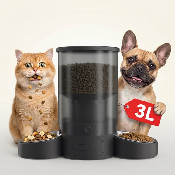 Dual Bowl Automatic Pet Feeder, 3L Timed Food Dispenser for Dry Kibble Freeze-Dried Treats, Anti-Jam, Multiple Cats Dogs - Black