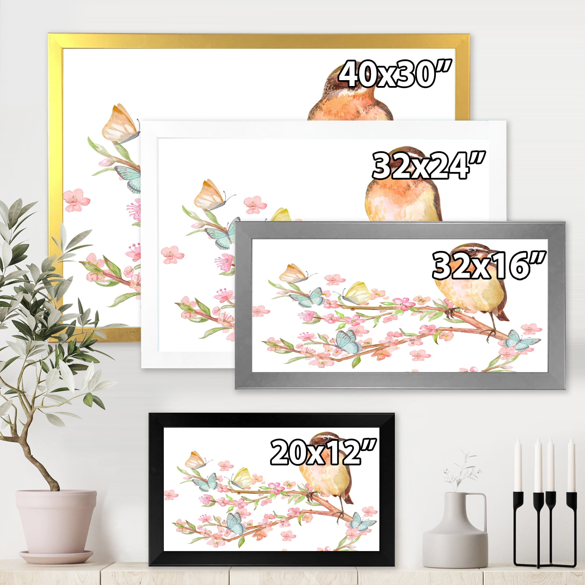 Designart 'Lovely Bird Sitting On Branch of Sakura With Butterflies' Traditional Framed Art Print