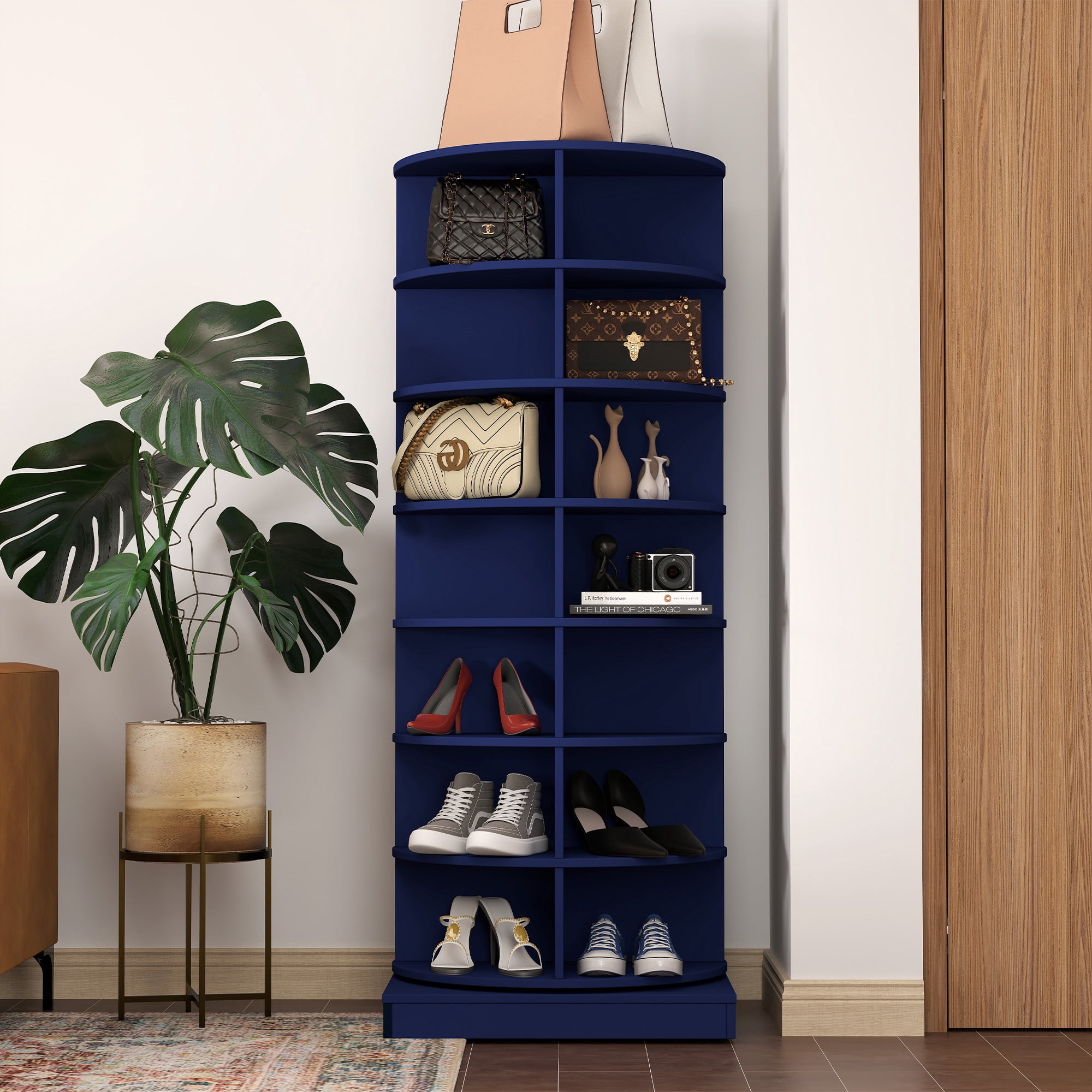 Aukfa 7-Tier Rotating Shoe Rack Tower, 360° Spinning Shoe Display Closet Organizer, Blue