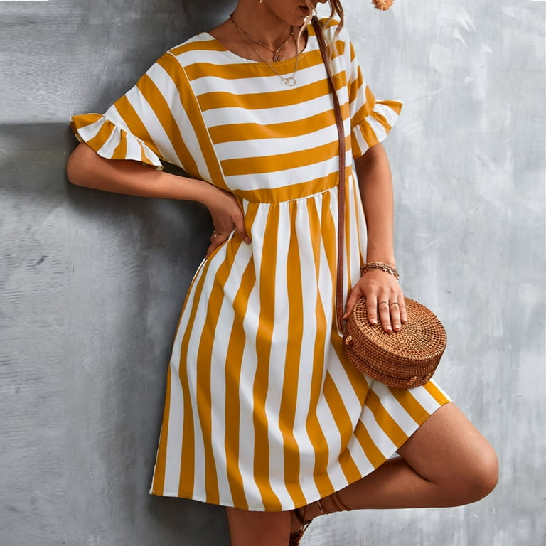 sachin and babi light blue dress Dewlily Multi-Stripe Short Sleeve Dress for Women, Teens, 20s, 30s, Korean Fashion, Casual, Summer, Simple, Cute, Long Length, Date, Outing