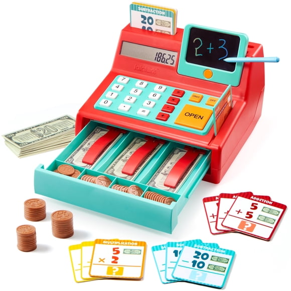 Juguete para caja registradora Lalalark con libreta para escribir y borrar y dinero ficticio