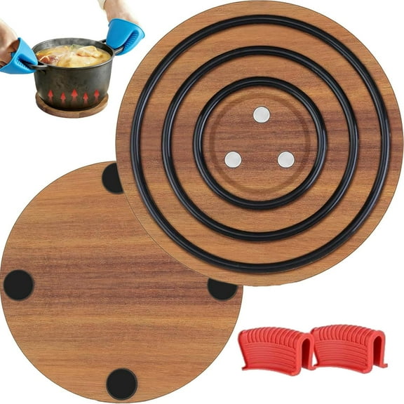 Magnetic Wooden Trivets for Hot Pots and Pans, 8 Inch Heat Resistant Acacia Wood Trivet with Non-Slip Silicone Rings, Magnetic Pot Holder Table Protector for Kitchen & Dining (1Pcs)Q