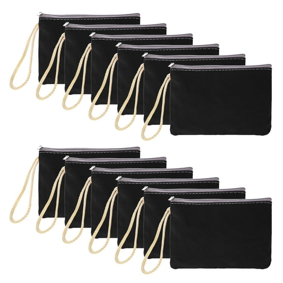 Aspire 12-Pack Cotton Canvas Zipper Pouches Black, Party Favor Bags 6 3/4 x 4 3/4 Inches