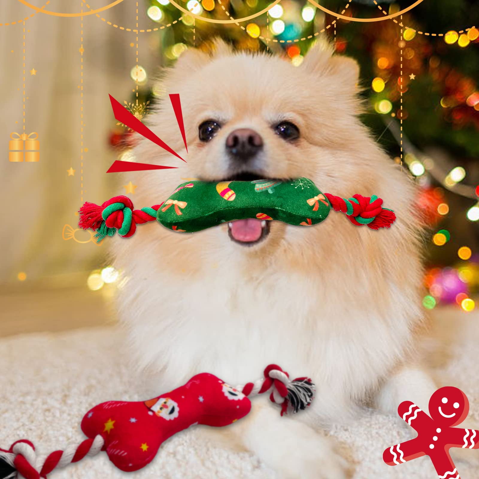 2 Pack Christmas Dog Toys for Small and Medium Dogs, Soft Squeaky Dog Toys with Cotton Rope