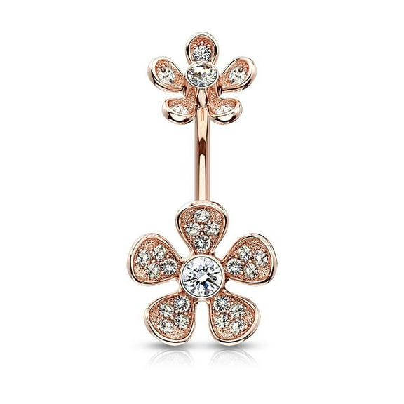 MoBody 14G Micro Paved CZ Flower Belly Button Ring Surgical Steel Internally Threaded Flower Top Curved Navel Body Piercing (Rose Gold-Tone)
