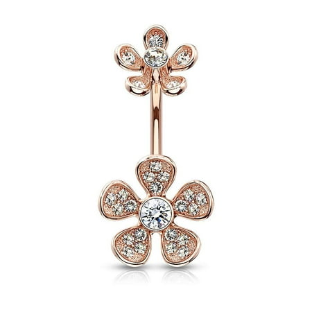 - MoBody 14G Micro Paved CZ Flower Belly Button Ring Surgical Steel Internally Threaded Flower Top Curved Navel Body Piercing (Rose Gold-Tone)