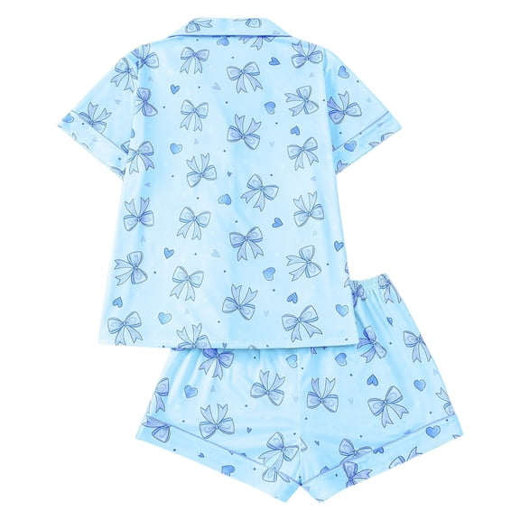 XIAONU Womens Bow Heart Print Pajama Set Loose Short Sleeve Notched Collar Sleep Set Soft Gentle Sleep Pajamas