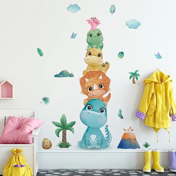 1pc Creative Cute Stacked High Dinosaurs Pattern Self-Adhesive Wall Stickers, Bedroom Bathroom Living Room Porch Home Decoration Wall Stickers, Removable Stickers, Wall Decor Decals