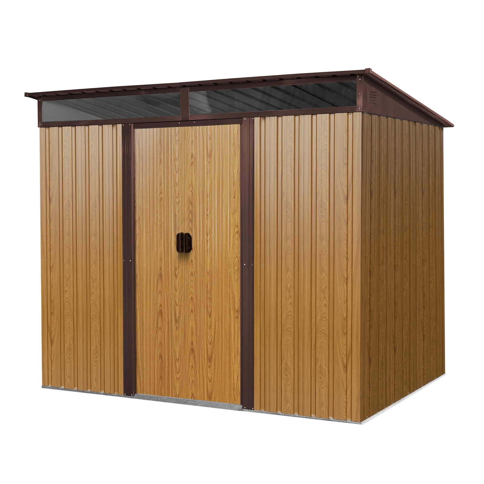 Kosynda 8' x 6' Outdoor Metal Storage Shed with Lockable Sliding Doors, Waterproof Metal Tool Storage House with Transparent Plate for Garden, Lawn, Backyard (Brown)