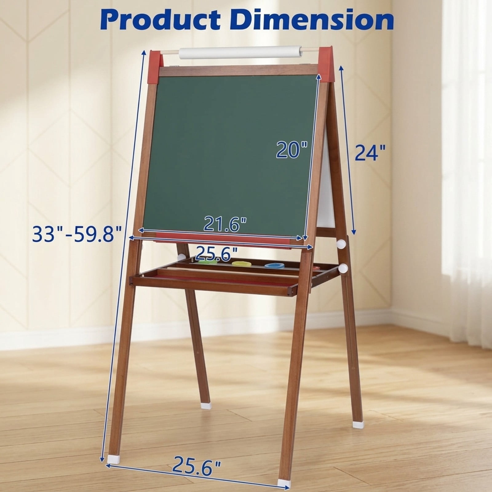 Fenbeli Wooden Kids Art Easel, Height-Adjustable Double-Sided Magnetic Whiteboard and Chalkboard for Ages 3-12, Natural Wood