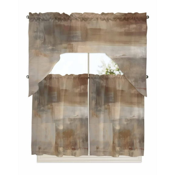 Brown Kitchen Curtains Swag Valance and Tier Curtains Set 36 Inch Length, Oil Painting Abstract Art Contemporary Rod Pocket Drape Panels Pair Swag Curtains for Bathroom/Cafe/Window