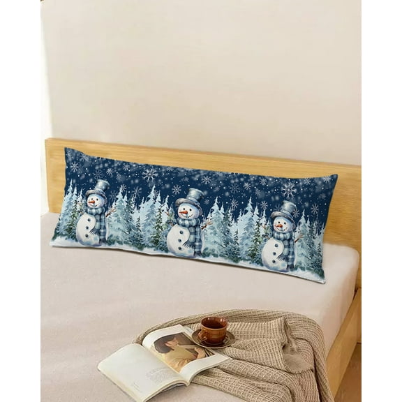 Christmas Snowman Throw Pillow Cover, Winter Snowflake Xmas Tree Blue Rectangle Decorative Pillow Case Protector Soft Cushion Cover Lumbar Pillowcase for Couch Sofa Bedroom Car Chair Decor 20x54 Inch