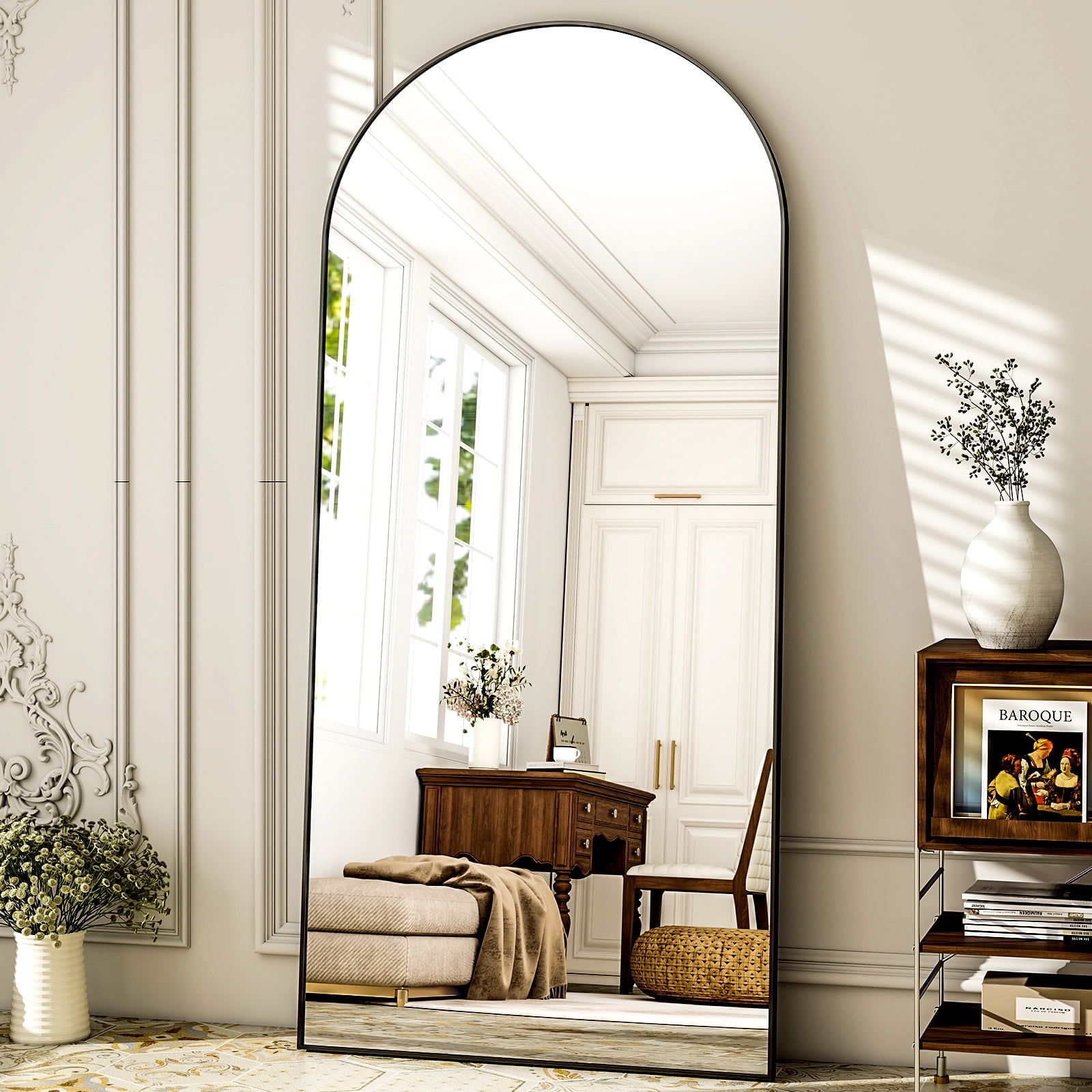 Anyrose 76"x34" Arched Large Full Length Mirror Wall-Mounted Floor Mirror with Stand, Black