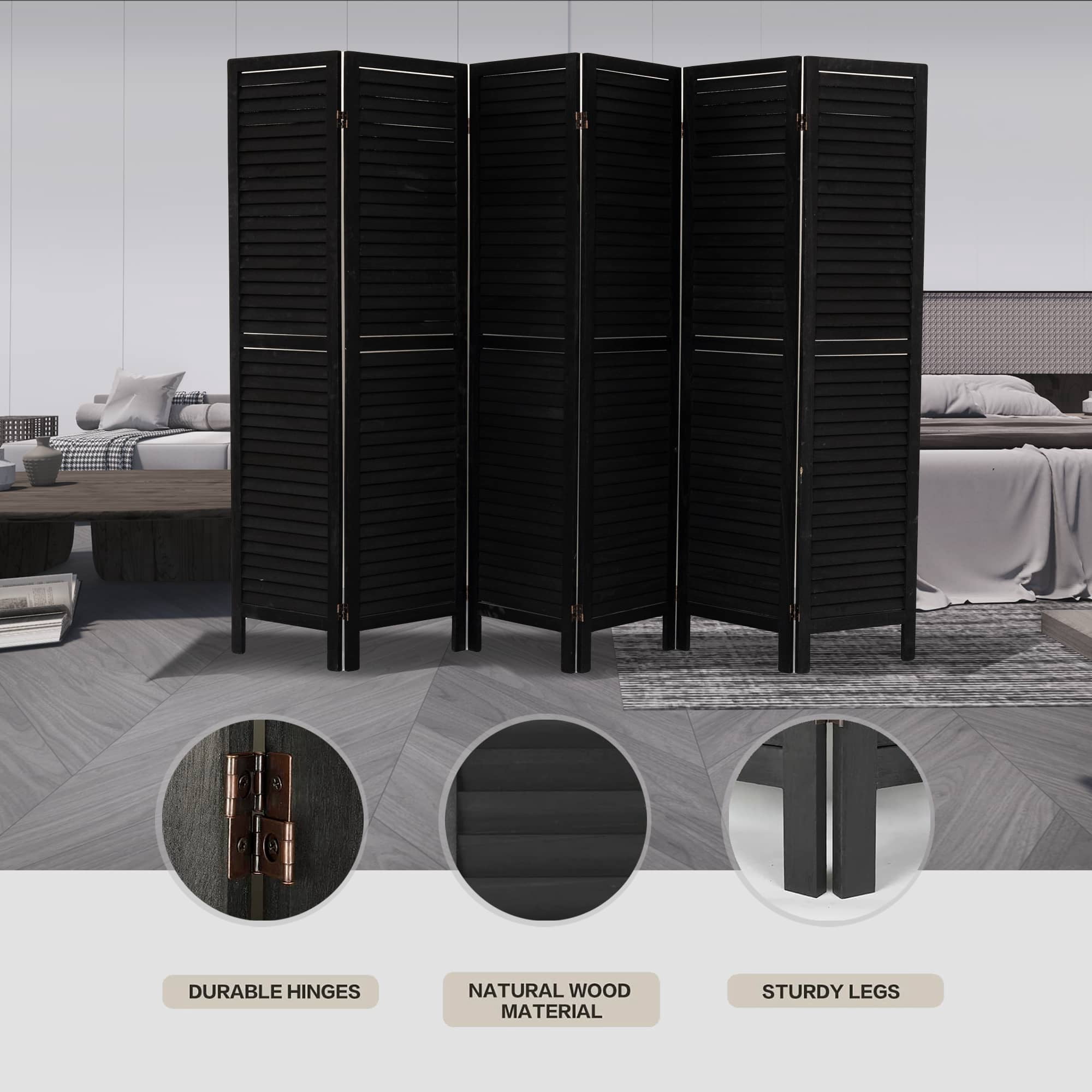 MAYEERTY 6 Panel Room Divider, 5.6Ft, Freestanding Louvered Folding Privacy Screen, Black