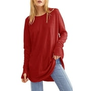Women's Casual Long Sleeve Tops Crew Neck Round Hem Loose T-Shirts Tunic Tops with Thumb Holes