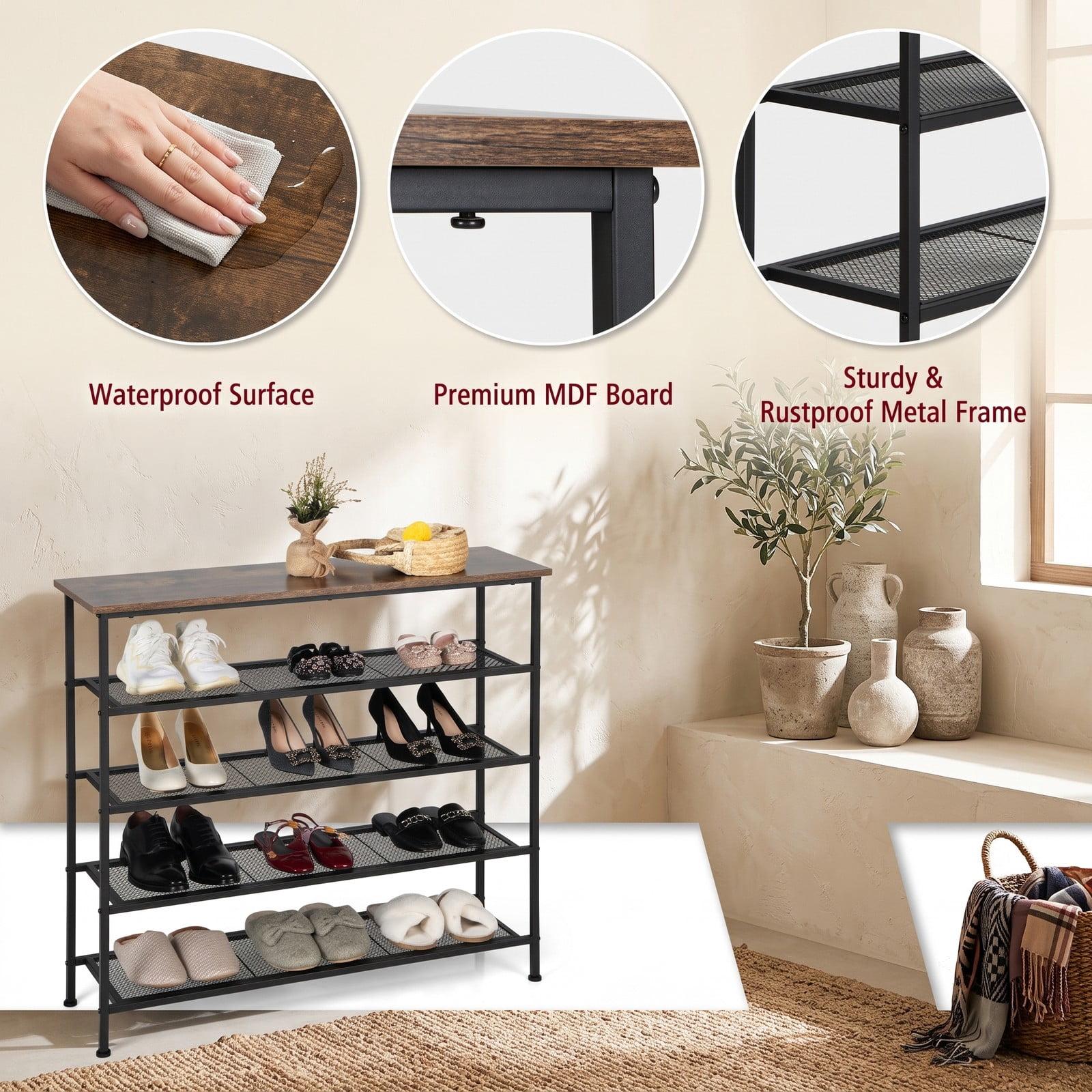 Furnibear Industrial 5-Tier Metal Shoe Rack with Wood Top and Adjustable Feet for Entryway Hallway and Bedroom, Rustic Brown