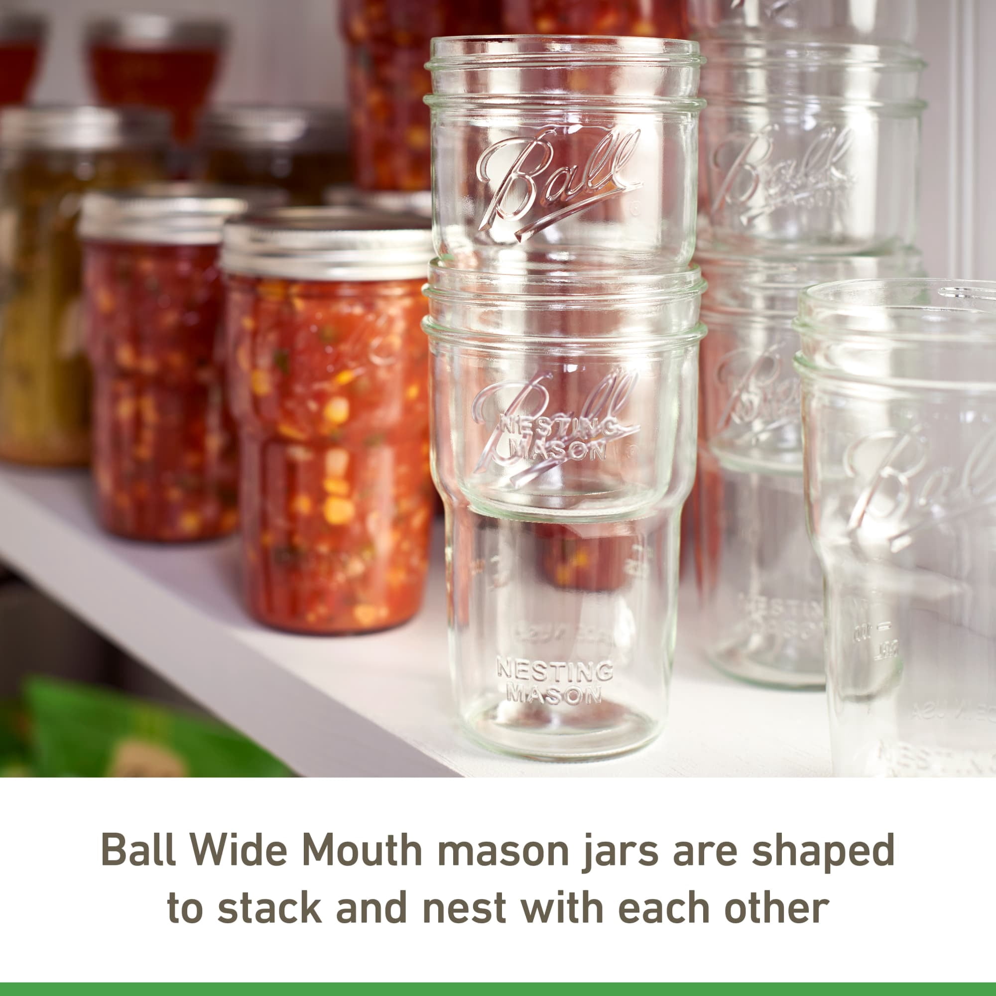 Ball Nesting Mason Jar Set with Lids & Bands for Canning or Drinkware, Wide Mouth, Pint, 4-Pack