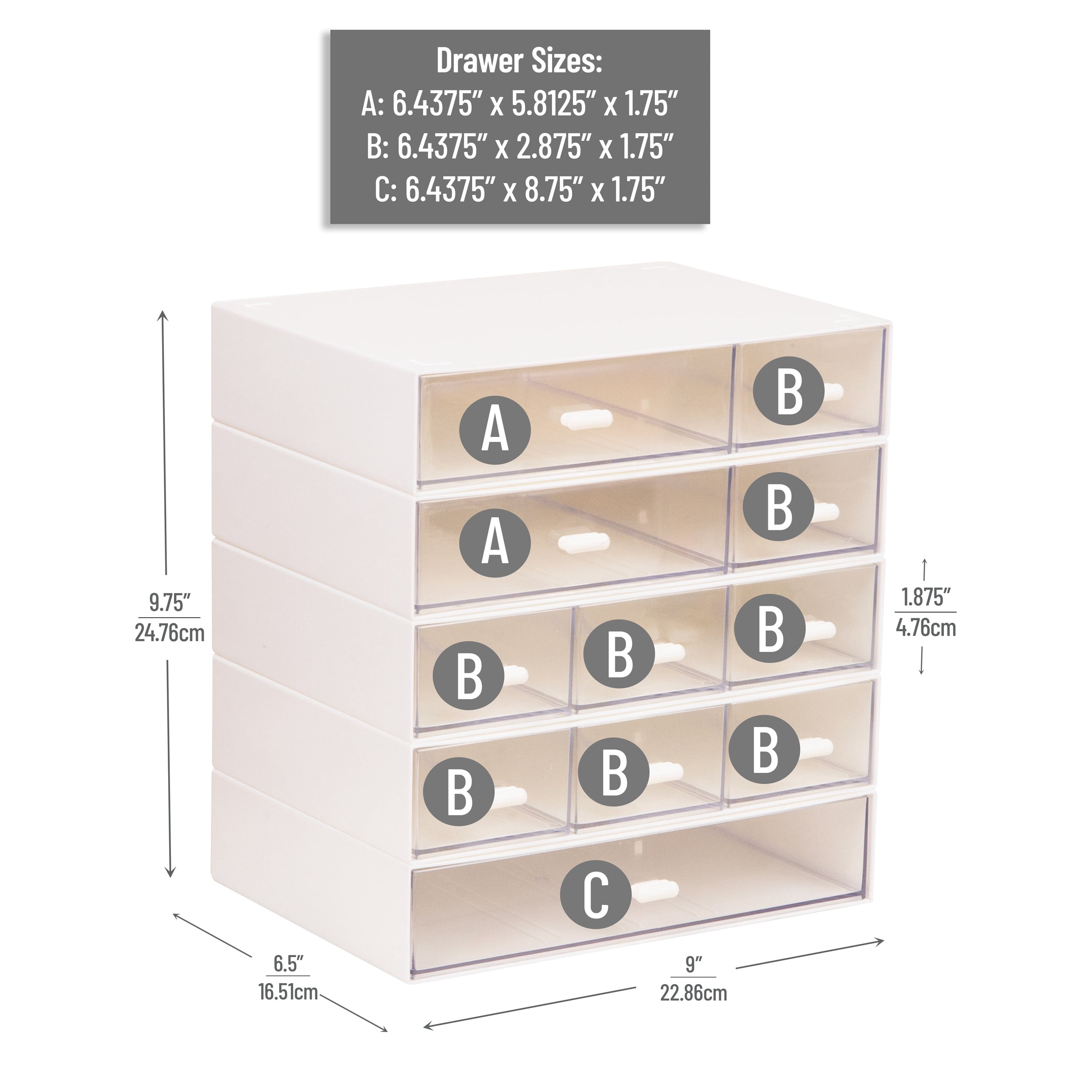 Mind Reader Stackable Craft Organizer with Drawers, Modular Storage Tower, Interlocking Design for Art Supplies, Plastic, Set of 5, White