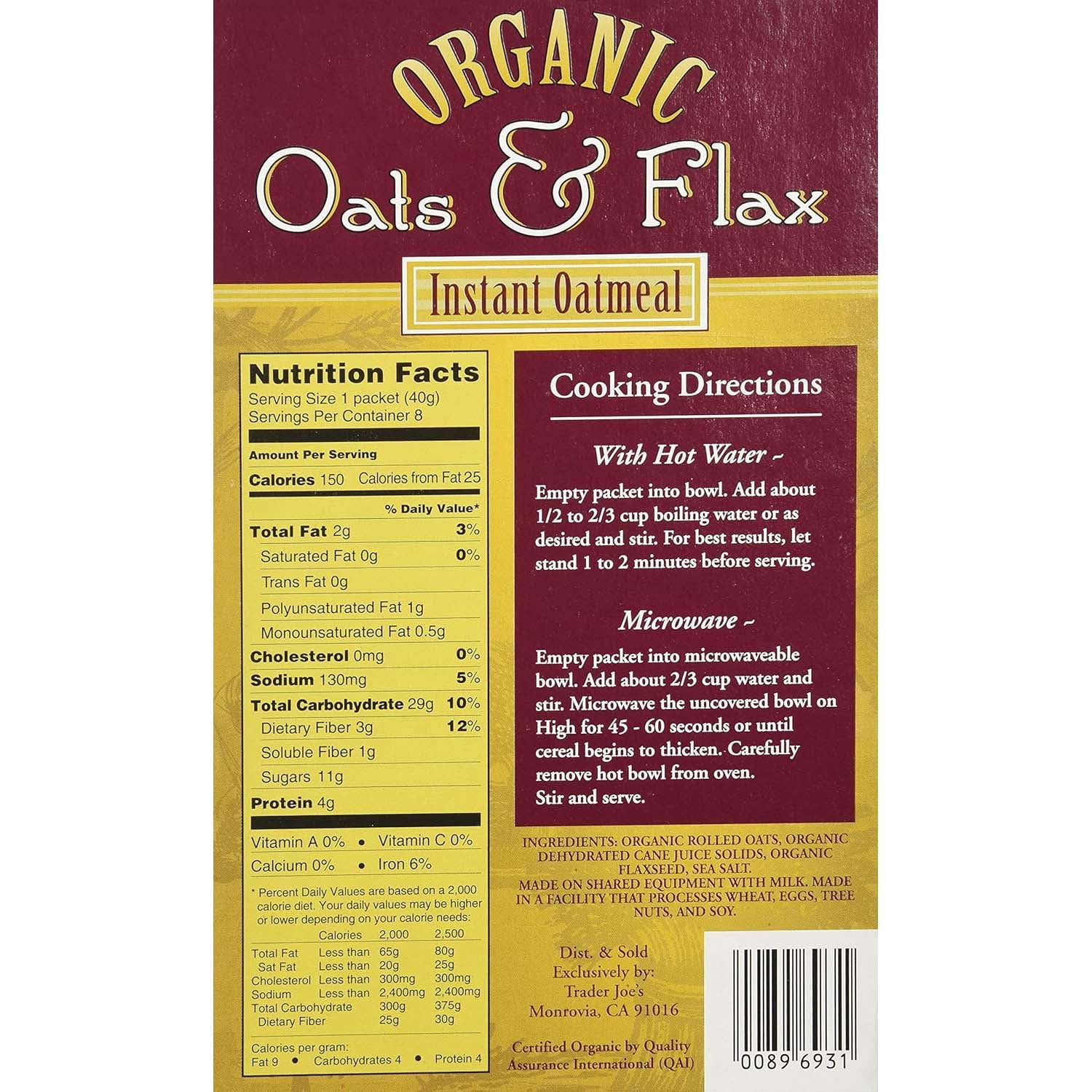 Pack of 2 Trader Joe's Organic Oats and Flax Instant Oatmeal | 11.29 oz