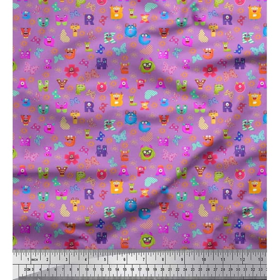 Soimoi Purple Velvet Fabric Insect,Sun & Cartoon Alphabets Text Printed Fabric 1 Yard 58 Inch Wide