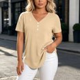 thumbnail image 6 of Women's Short Sleeve Curved Hem Shirts Summer Oversized V-Neck Button Down T-Shirt Casual Plain Daily Wear Tops Khaki, 6 of 6