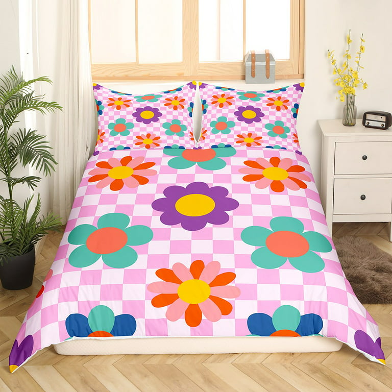 Groovy Flower Comforter Cover Queen for Kids,Retro Kawaii Florals Bedding  Set Y2K Room Decor for Teens Girls,Hippie Aesthetic Funny Blossom Duvet  Cover Pink Buffalo Plaid Quilt Cover 3 Pieces 