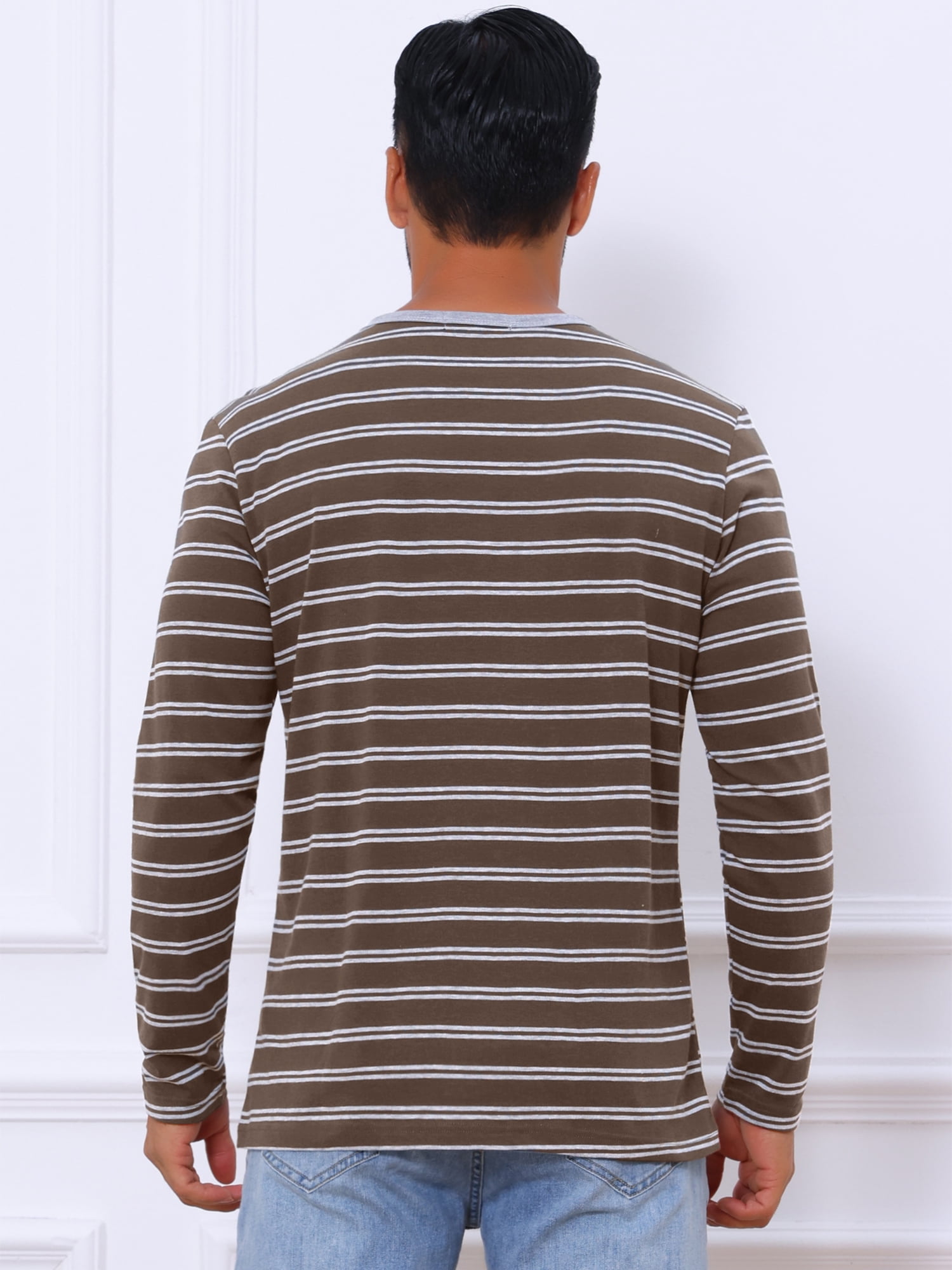 DARING DIVA Men's Long Sleeve Contrasting Colors Striped Henley T-Shirt L Dark Brown