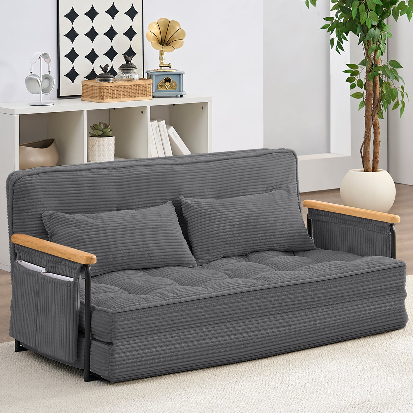 BALUS Futon Sofa Bed, 4-in-1 Corduroy Floor Couch Bed with Folding Mattress, Convertible Sleeper Sofa for Living Room, Grey