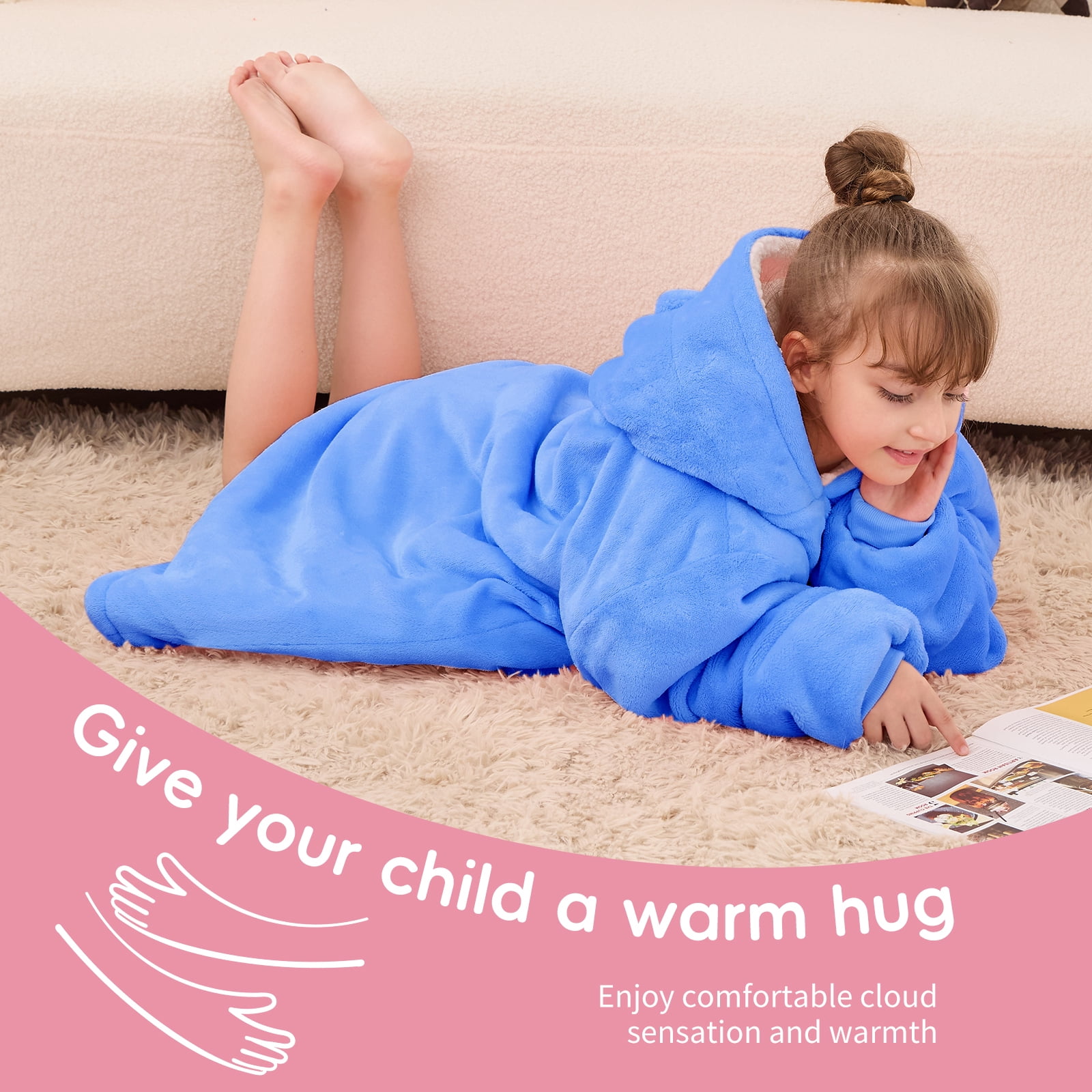 PMONPA Wearable Blanket Hoodie for Kids, Soft Double Layer Sherpa Fleece Sweatshirt,Teen Gifts for Kids, Youth, Boys, Girls, One Size, Sky Blue