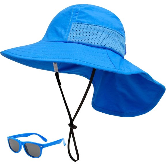 Baby Sun Hat Toddler Kids Boys Girls Wide Brim Beach Hats with Sunglasses UPF 50 Plain Caps with Neck Flap-blue-3