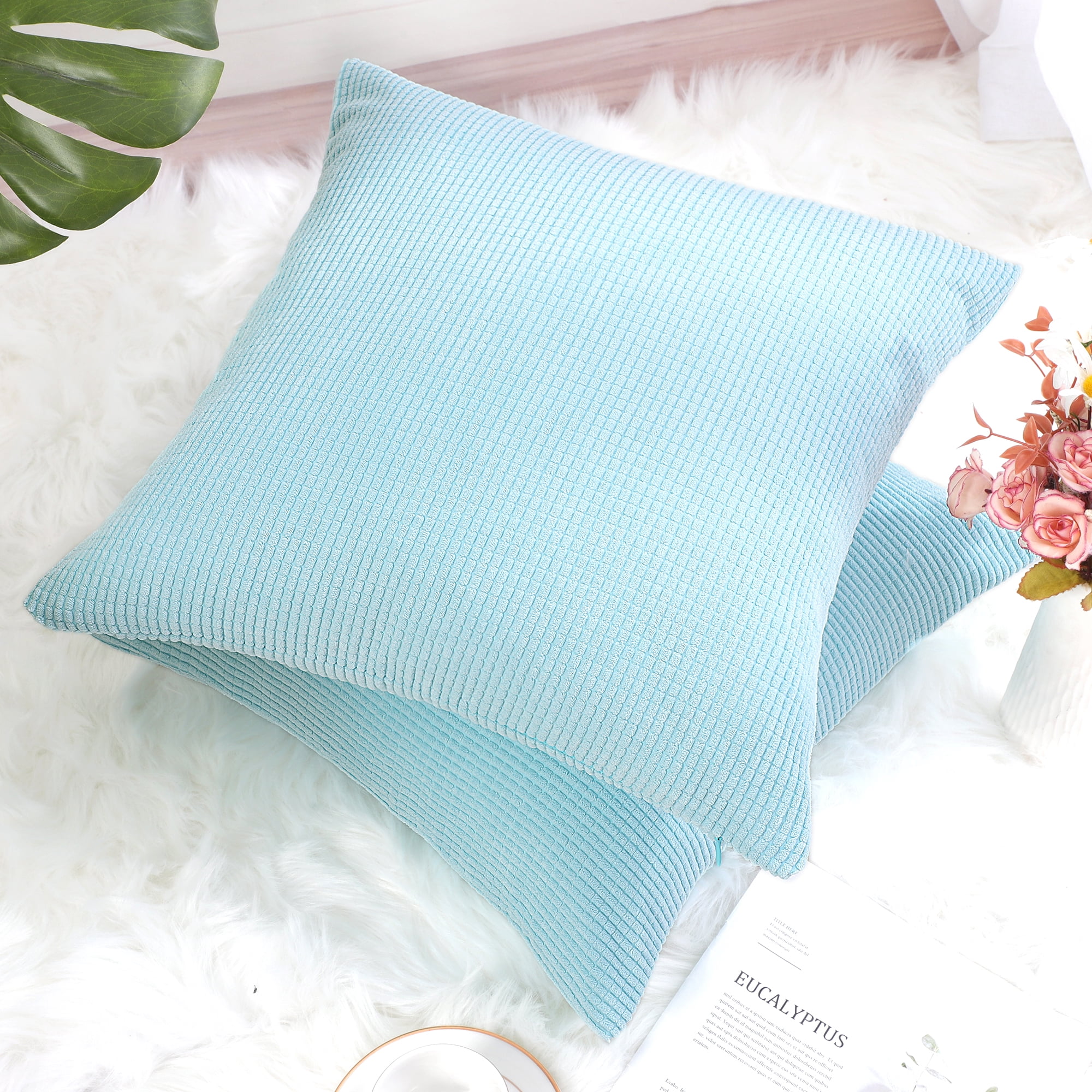 Unique Bargains 2-pcs Corduroy Decorative Throw Pillow Covers Light Blue 18"x18"