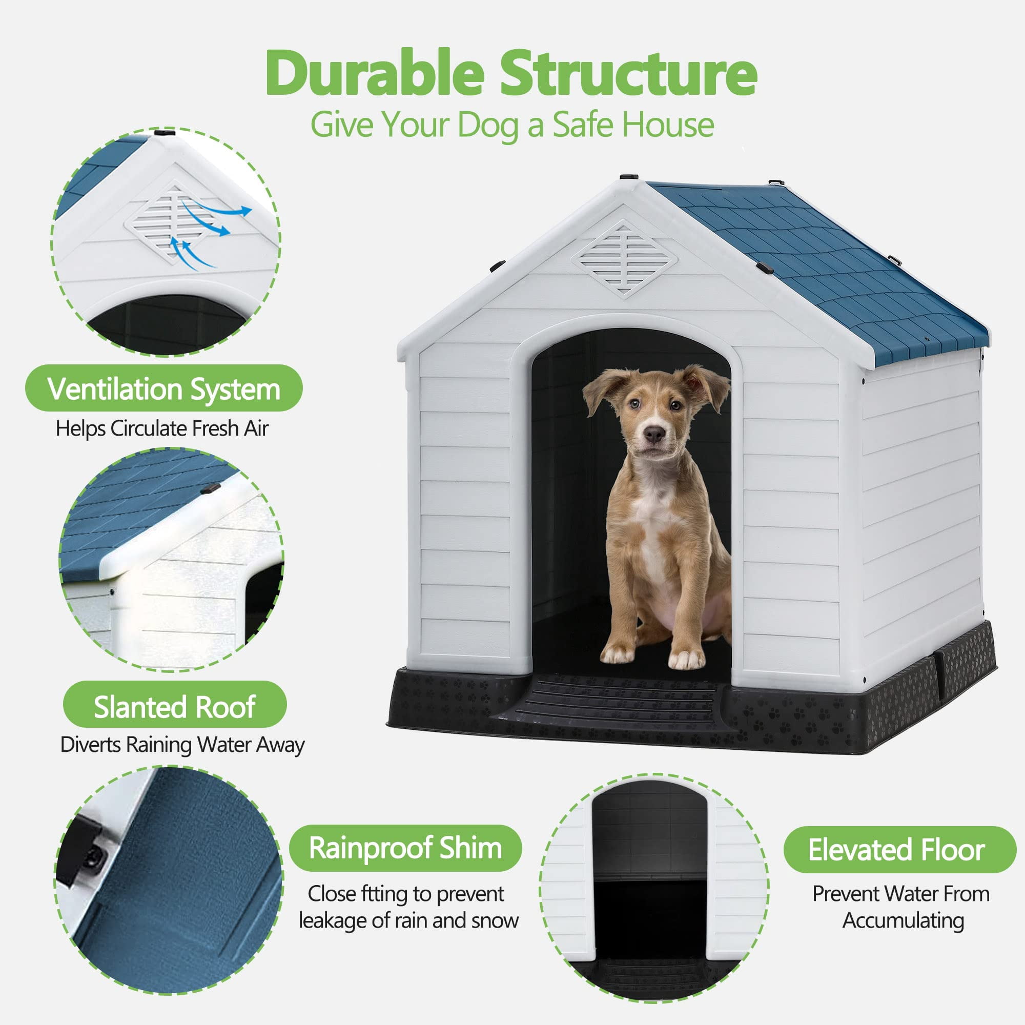 CL.HPAHKL Durable Plastic Dog House Outdoor Indoor, Waterproof Pet House for Small Medium Dogs, Insulated Puppy Shelter Doghouse with Elevated Floor and Air Vents(Blue, 34 inch)