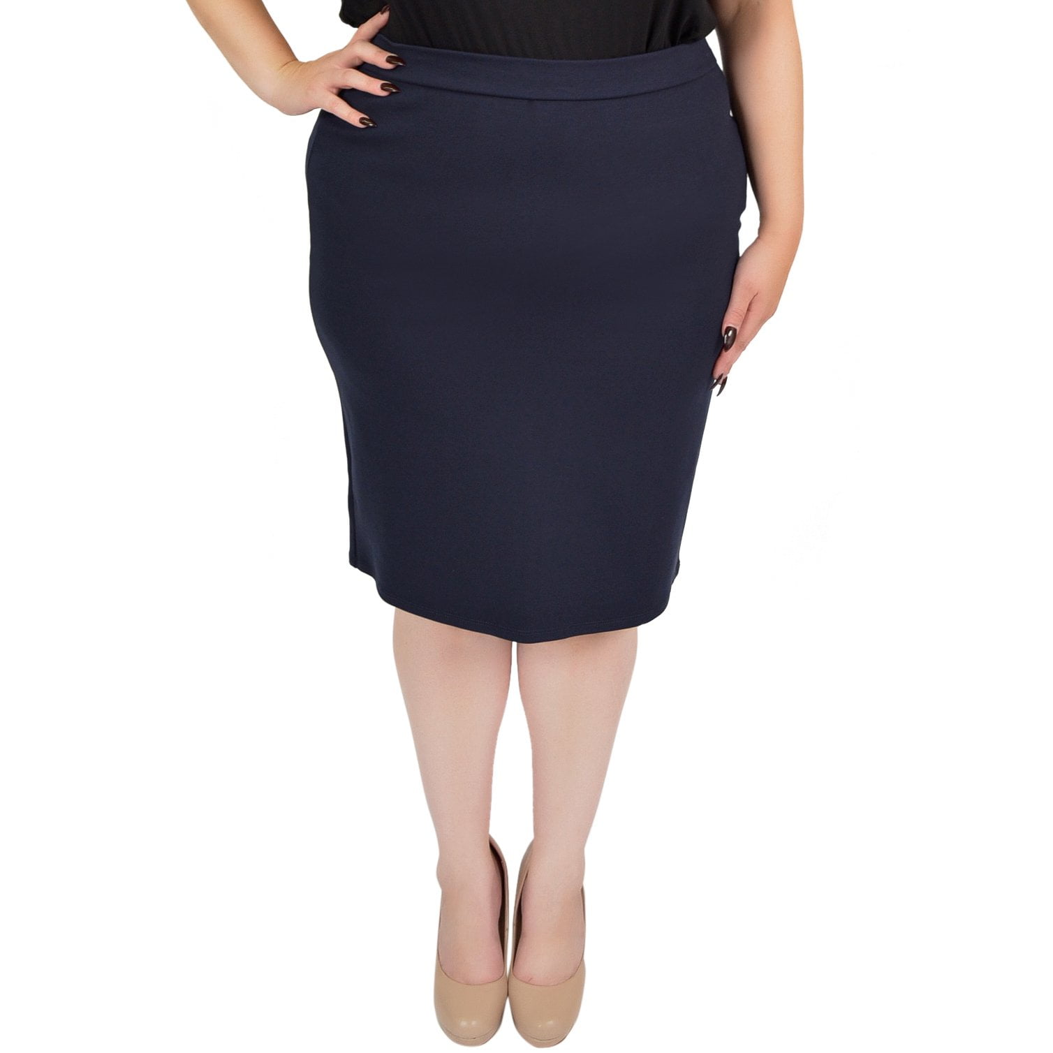 Stretch Is Comfort Plus Size Bodycon Knee Length Back Slit Fitted Skirt 2x 16 18 Navy