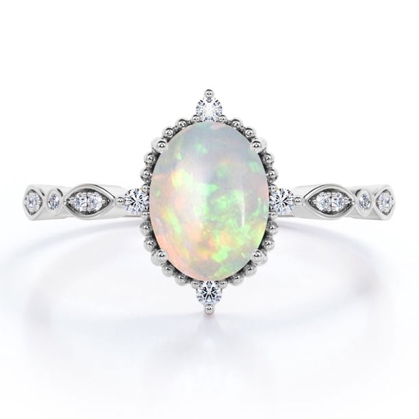JeenMata Anillo de Compromiso Art Déco de Cinco Piedras con Diseño Antiguo de Ópalo Etíope de Corte Ovalado de 1,5 Quilates y Moissanita, Chapado en Oro Blanco de 18 K sobre Plata