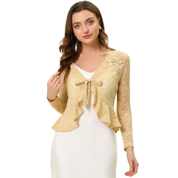 Cárdigan corto con lazo Allegra K Top transparente de encaje floral Beige S