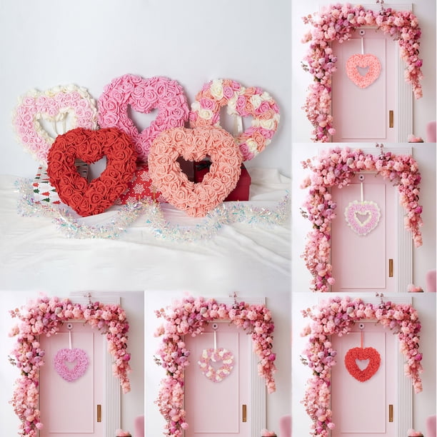 Fiudx Guirnalda de Corazones para San Valentín, Romántica Corona de Flores de Seda, Elegante Cinta Decorativa, Decoración para Propuesta de Matrimonio, Decoración para La Entrada de La Casa, Fácil Cu
