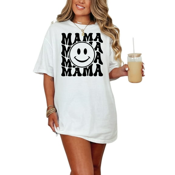 Mama with a Smile, Mother's Day Themed, Groovy Retro Wavy Text, White Comfort Colors T-Shirt, Small