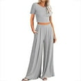 thumbnail image 2 of Knitted Two Piece Outfit For Women Short Sleeve Slim Cropped Top Wide Leg Long Pants Summer Tracksuits Lounge Set, 2 of 8