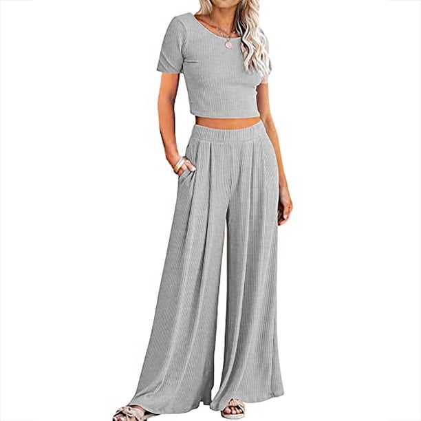 ICHUANYI Clearance Women's Sports Tight Ribbed Knitted Crop Top Loose Wide Leg Pants Two-Piece Set(Gray, M) ICHUANYI WER2023080914041