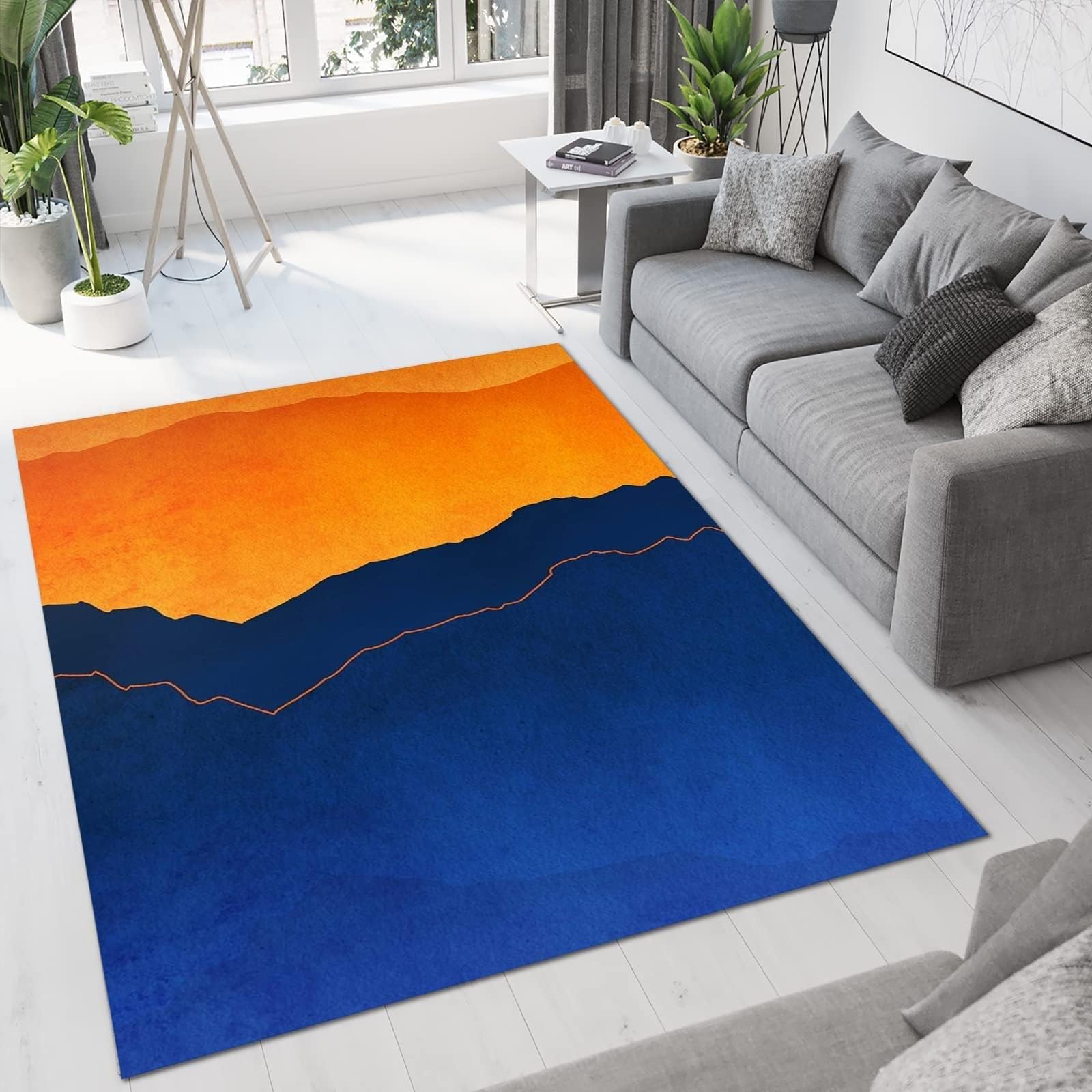 Orange Blue Stitching Area Rug European Luxury Orange Blue Gradient Outdoor Indoor Washable Rug For Floor Mat Indoor Throw Rugs Soft Mats For Bedroom Living Room Kids Room
